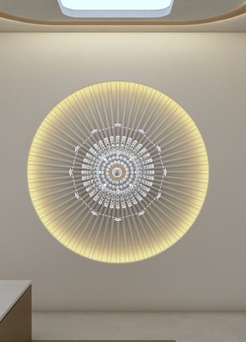 Pooja room ceiling 3D design with backlit mandala panel