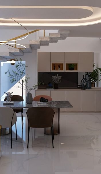 Duplex dining area 3D design with floating staircase