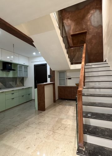 Kitchen and staircase interior with marble steps