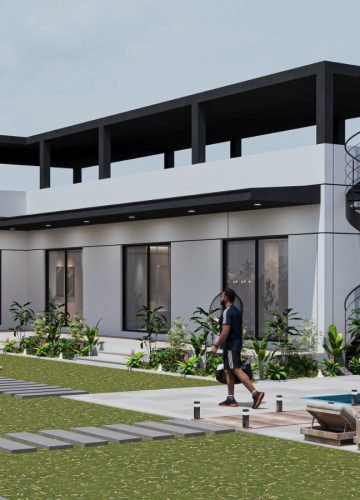 Villa exterior 3D architectural design with swimming pool and lawn