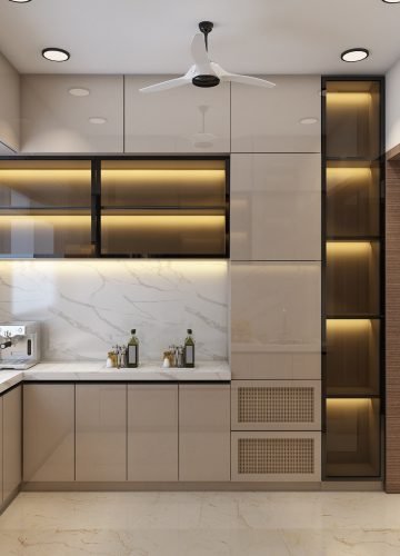 Modular kitchen with backlit glass cabinets – kitchen interiors Hyderabad